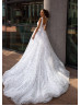 Boat Neck White Sequin Tulle Wedding Dress